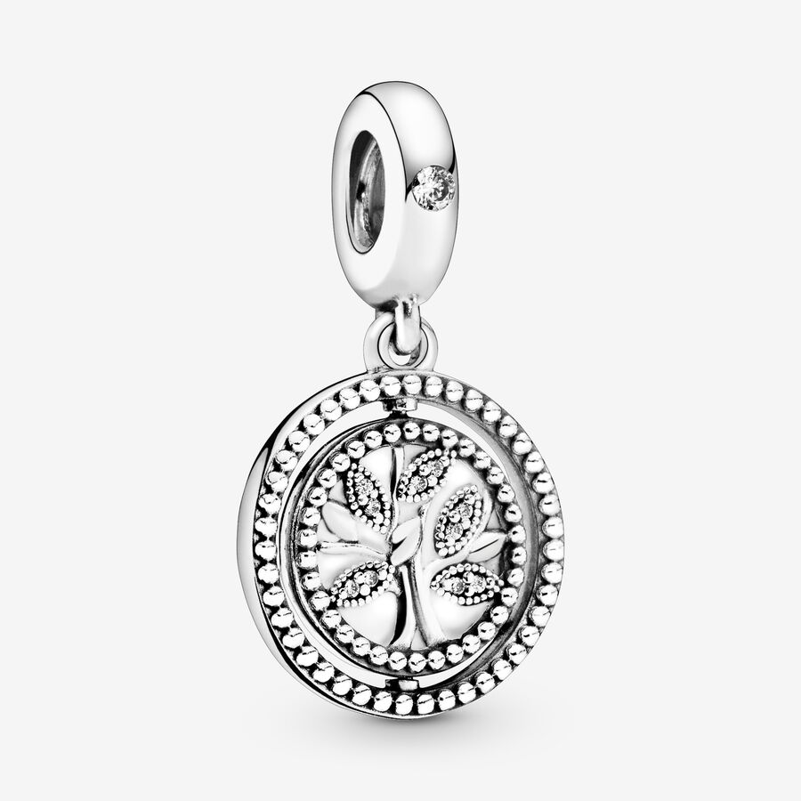 Spinning family tree silver dangle with clear cubic zirconia and white enamel image number 0