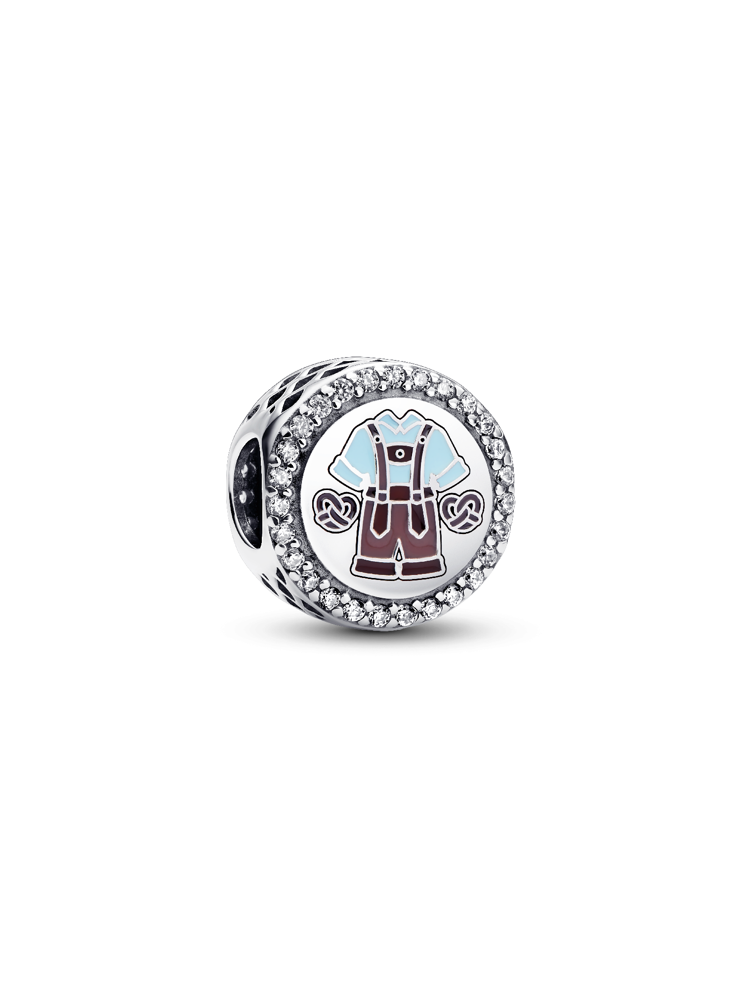 Lederhosen and dirndl sterling silver charm with clear cubic zirconia, brown, blue, white, pink and green enamel