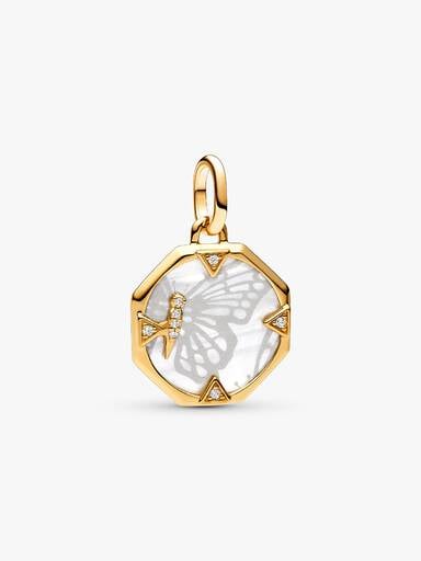 Medaljongformet Charm med Perlemorskimrende Sommerfugl